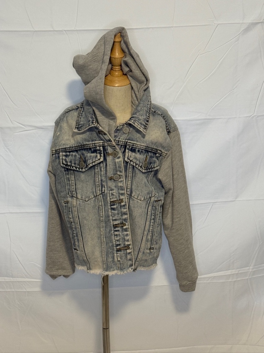 Blank NYC Grey Hooded Denim Jacket with Sweatshirt Sleeves